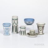 Six Wedgwood Tricolor Jasper Items, England, 19th century, two solid blue ground with lilac and whit