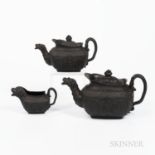 Three Black Basalt Wellington Commemorative Tea Wares, England, c. 1820, lion head spouts and swan h