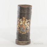 English Leather Umbrella Stand, with the royal coat of arms to exterior, ht. 26 1/4, top opening dia