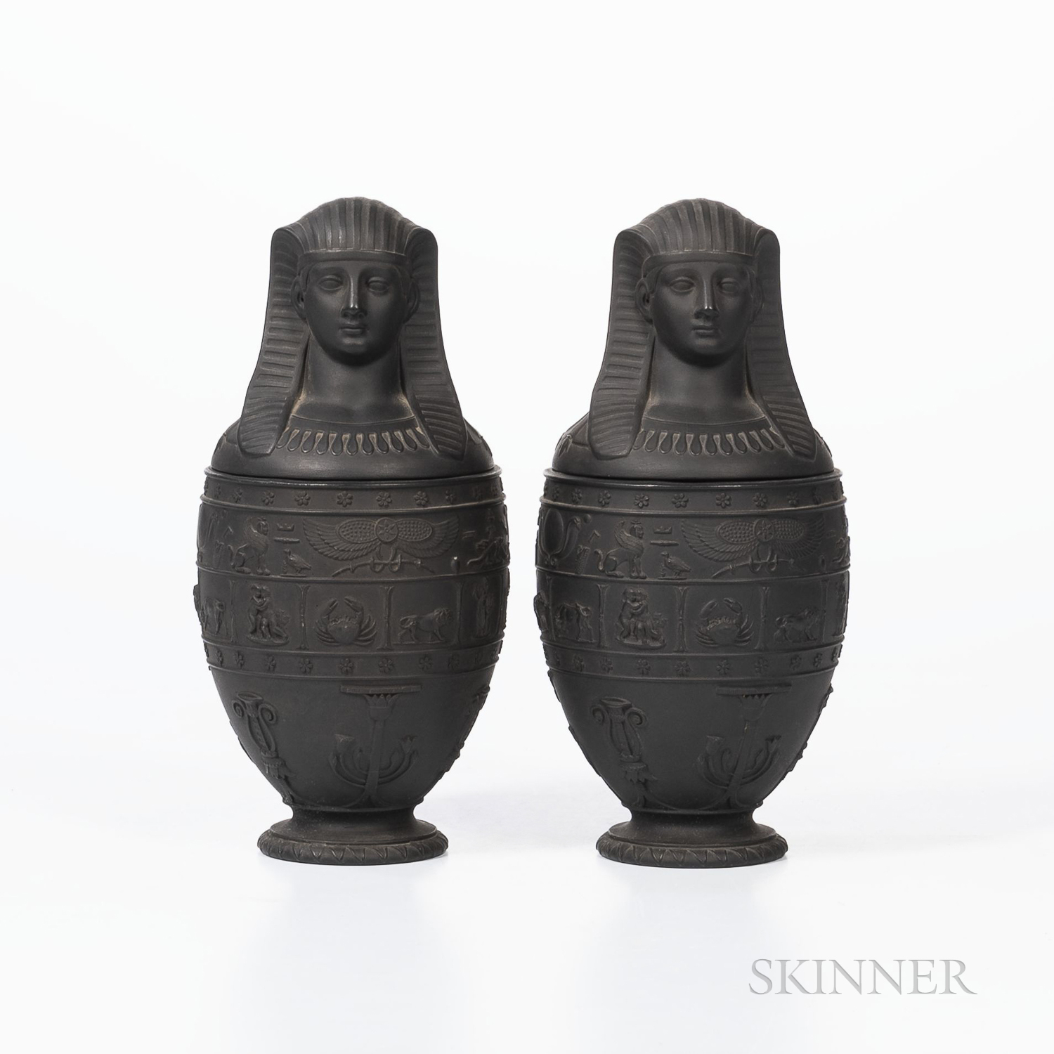 Pair of Wedgwood Black Basalt Canopic Jars and Covers, England, c. 1867, with bands of hieroglyphs a