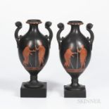 Pair of Encaustic Decorated Black Basalt Vases, England, 19th century, ovoid shapes with scrolled fo