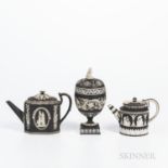 Three Black Jasper Dip Items, England, 19th century, each with applied white classical relief, a mar