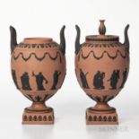 Pair of Wedgwood Terra-cotta Jasper Vases, England, each with applied black classical Muses in relie