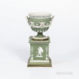 Wedgwood Green Jasper Dip Urn on Stand, England, 19th century, applied white classical relief, the u