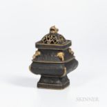 Wedgwood Chinese-style Gilt Black Basalt Incense Burner and Cover, England, 1871, pierced cover with