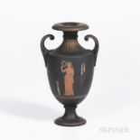 Wedgwood Encaustic Decorated Black Basalt Vase, England, early 19th century, scrolled foliate handle