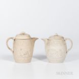 Two Turner White Stoneware Jugs and Covers, England, c.1800, each barrel shape with relief of childr