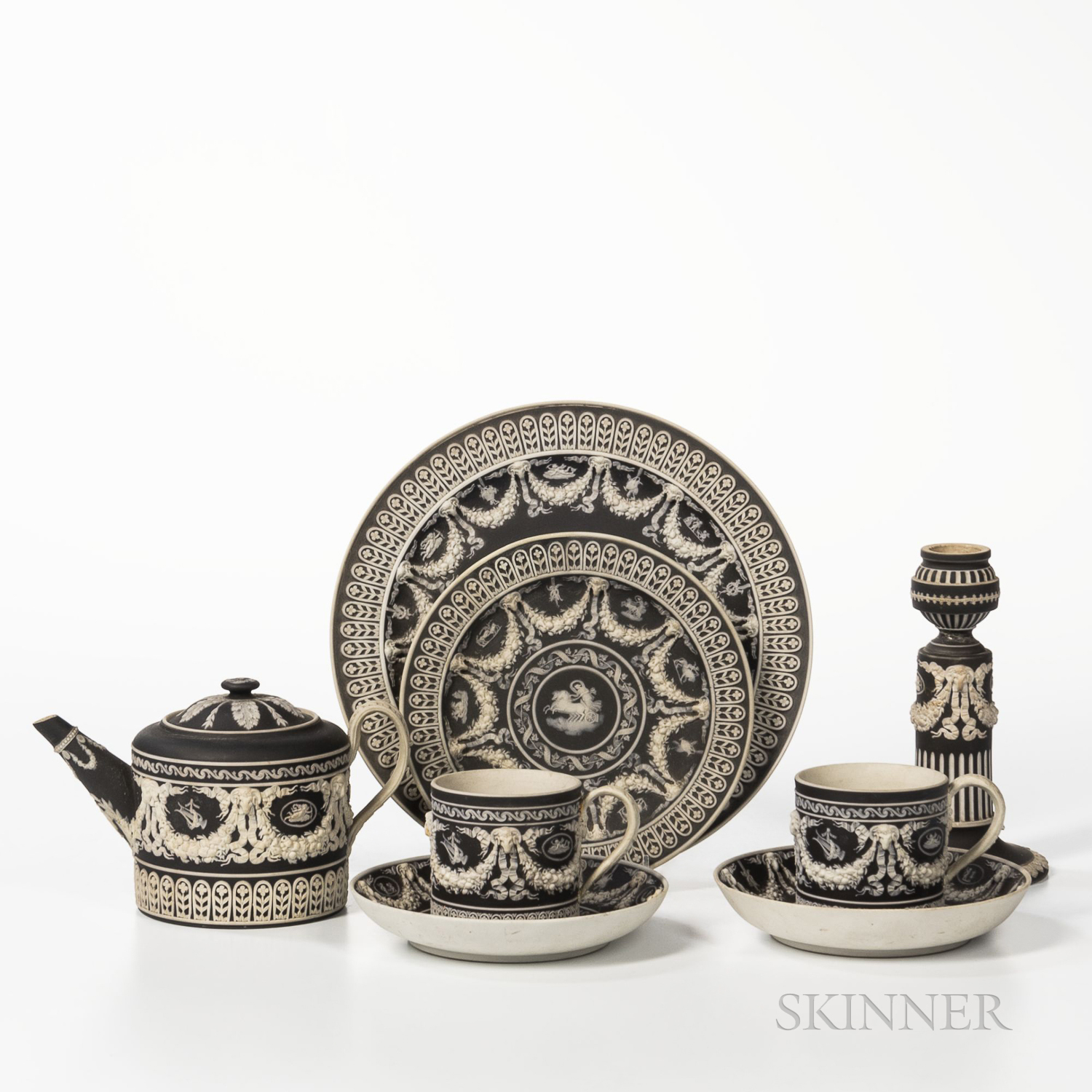 Six Wedgwood Black Jasper Dip Items, England, 19th century, each with applied white classical decora
