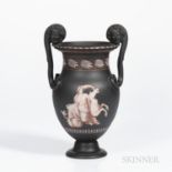 Encaustic Black Basalt Volute Krater Urn, England, 19th century, iron red, black, and white with a m