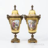 Pair of Gilt-bronze-mounted Yellow Ground Sevres-style Urns, France, late 19th/20th century, affixed
