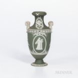 Wedgwood Green Jasper Dip Vase, England, 19th century, applied white relief with sphinx head handles