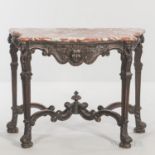 Marble-top Side Table, late 19th/early 20th century, on carved caryatid supports joined by a lower s