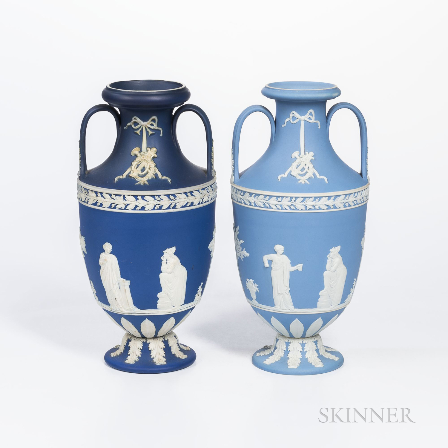 Two Wedgwood Jasper Dip Vases, England, early 20th century, each with applied white classical figure