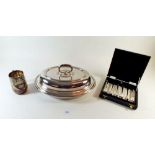 A silver plated entree dish, christening mug and set of cake forks