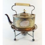 A Victorian silver plated tea kettle engraved foliage