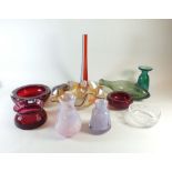 A collection of eleven coloured glass vases etc including: Whitefriars, Stuart, Bristol Blue,