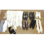 Four pairs of antique shoes, a quantity of fabric and leather gloves, a silk commemorative