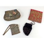 A group of three metallic bead and thread purses, plus Chinese embroidered purse with figure and