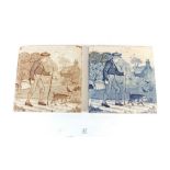 Two Wedgwood tiles printed boy with pig 'October'