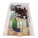 A box of glass bottles including green Poison bottle, medicine bottles etc