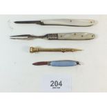 A mother of pearl and silver folding fruit fork, a steel and mother of pearl folding knife, a