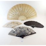 Two floral painted paper fans, a Victorian sequin fan and a 19th century French bone and fabric