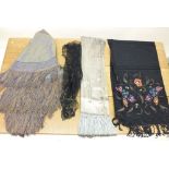 A group of decorative stoles comprising Victorian black embroidered stole, a shot silk fringed