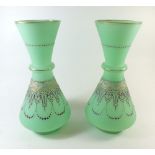 A pair of late 19th century Bohemian opaline/vaseline glass vases with painted enamel decoration