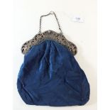 A continental white metal rococo style purse frame with blue velvet bag (frame a/f)