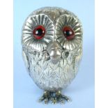 A Victorian silver novelty owl form mustard pot with glass eyes and mouse cruet spoon, London 1851 -