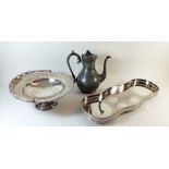 A long 19th century silver plated tray together with a plated cake basket and a pewter coffee pot