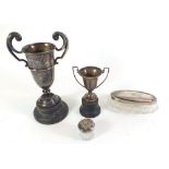 Two silver and cut glass trinket pots and two silver cups a/f