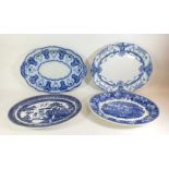 A Wedgwood 'Landscape' meat plate and three other blue and white meat plates