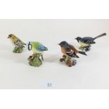 Four Beswick birds: Grey Wagtail, Blue Tit, Chaffinch and Goldcrest