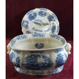 A Victorian style blue and white Ironstone footbath, toiletry jug and bowl