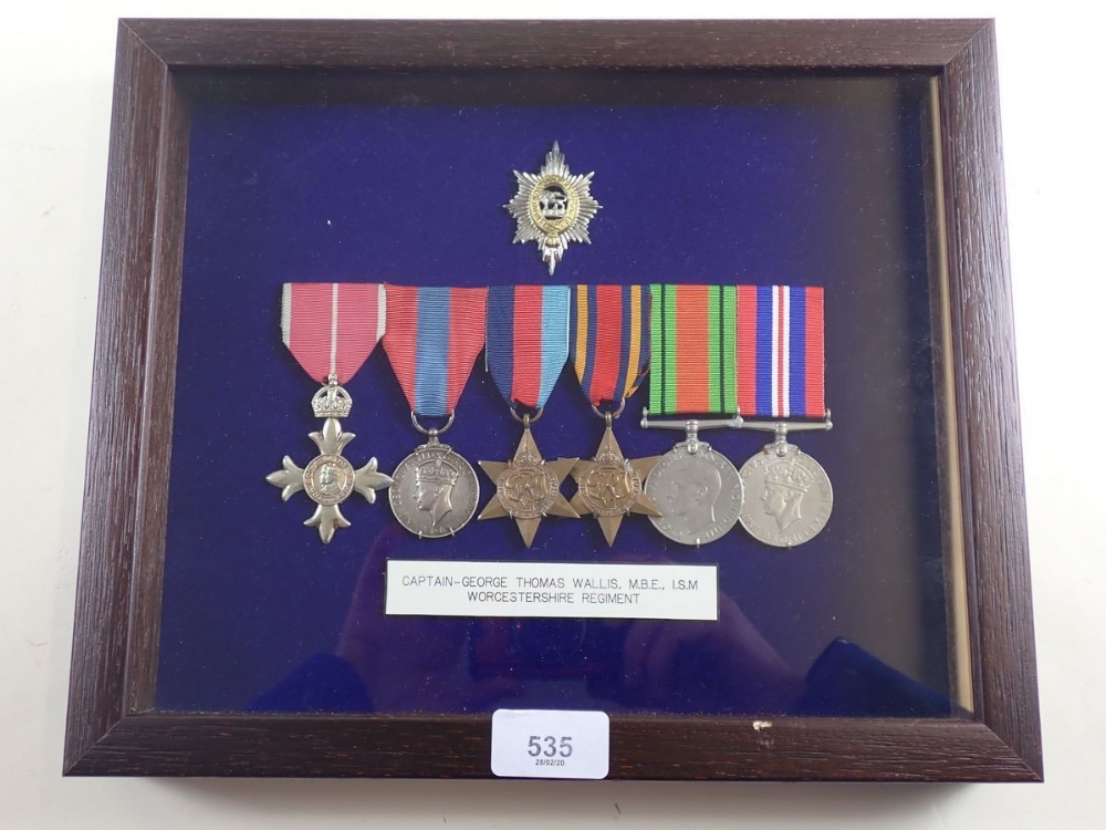 A WW2 six medal group awarded to Captain George Thomas Wallace MBE ISM of the Worcestershire Regt.:-