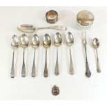 A selection of miscellaneous silver including six Georgian teaspoons, a Victorian spoon etc
