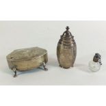 A silver trinket box, a silver pepper pot and a glass and silver plated miniature scent bottle