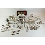 A silver plated muffin dish, various silver plated cutlery etc