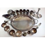 A box of silver plated items and a silver plated tray