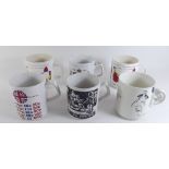 Six collectable mugs including moon landing, decimal currency, Hornsea Charles and Diana etc