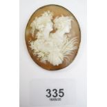 A Victorian gold framed cameo brooch carved bust of two classical ladies, 5.5 x 4.5cm., unmarked but
