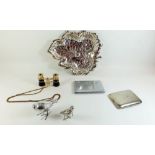 A silver plated Strawberry leaf dish, two birds and pair of opera glasses