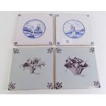 Two 19th century Delft blue and white tiles and a pair of manganese tiles, painted fruit