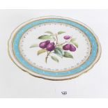 A 19th century dessert comport painted purple pears within gilt border all on dolphin triple base