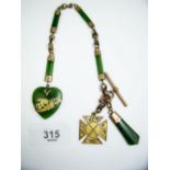 A 9 carat gold albert with New Zealand green stone links and heart form fob 'Kia Ora' together