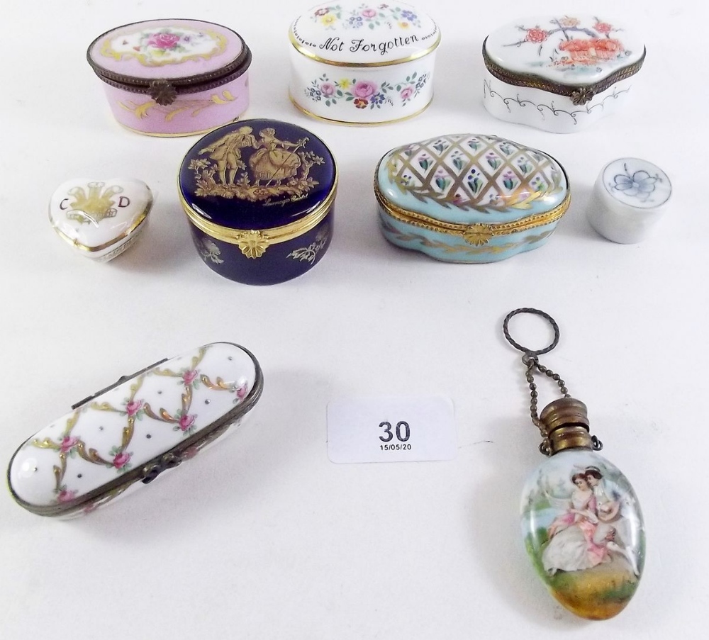 A group of porcelain boxes including Limoges and Copenhagen etc, and a scent bottle a/f