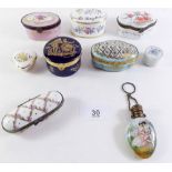 A group of porcelain boxes including Limoges and Copenhagen etc, and a scent bottle a/f