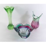 A Murano style glass bowl and similar vase plus a green flared glass vase