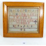 An alphabet sampler in maple frame, 1885 - 17 x 22cm